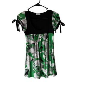 April USA Size Small Green‎ Artsy Geometric Tie Puff Sleeves Blouse